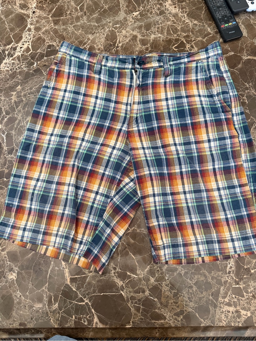 Sonoma Plaid Flat-Front Shorts in Navy, Orange, Cream